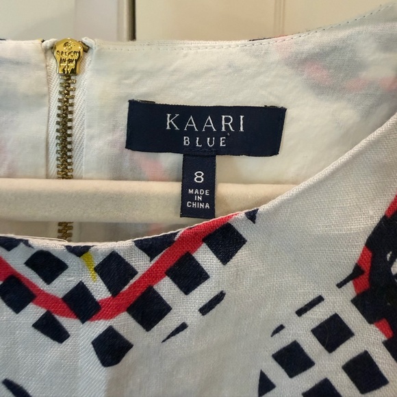 Kaari Blue Geometric Floral 100% Linen Sleeveless Dress W/Pockets NWT - Picture 3 of 5